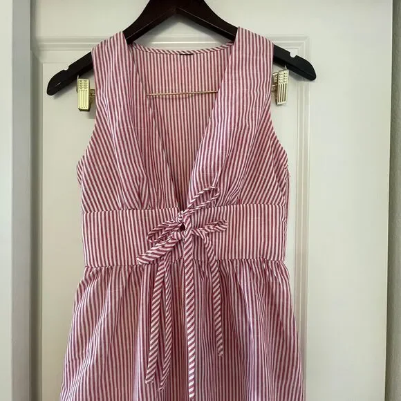 Pink White Stripe Midi Dress Size 6 Sleeveless V-Neck Tie Front Summer Sun Dress - Picture 4 of 9